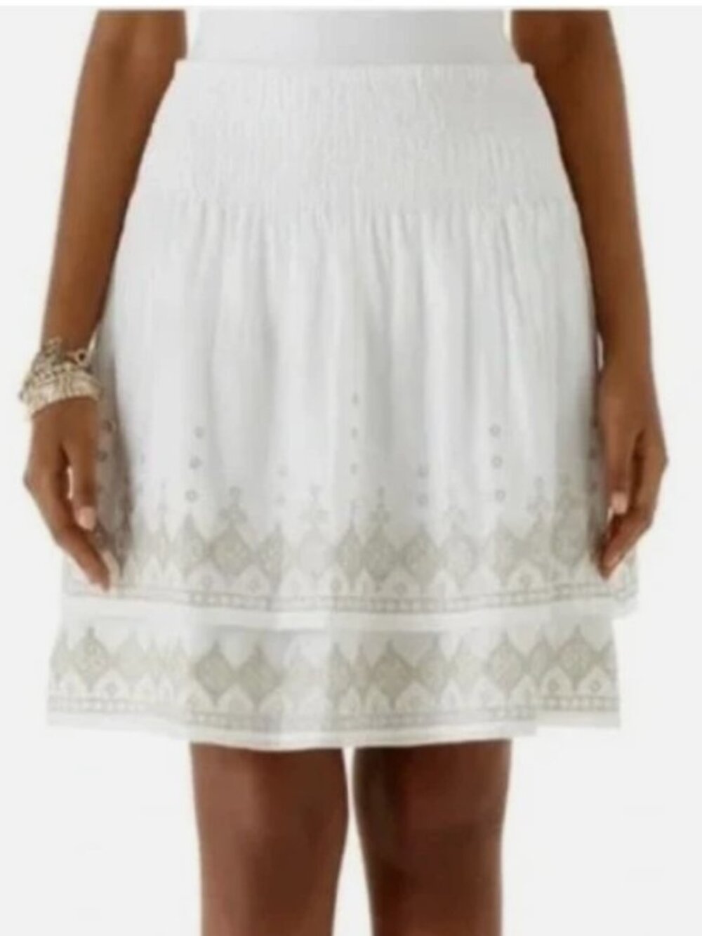 White House Black Market White Silk Embroidered Tiered Mini Skirt Smock Waist XS